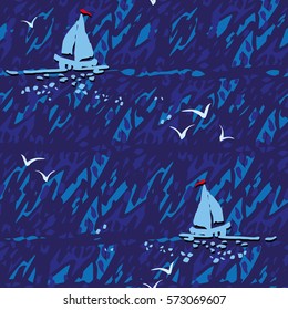 Vector pattern with sailing ships on blue water background. Seamless pattern can be used for wallpaper, pattern fills, web page background,surface textures.