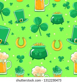 Vector pattern Saint Patricks Day. Green silk hat, flag Ireland, pot of gold coins, shamrocks, cupcake decoration clover, horseshoe and beer stein. 