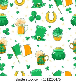 Vector pattern Saint Patricks Day. Green silk hat, flag Ireland, pot of gold coins, shamrocks, cupcake decoration clover, horseshoe and beer stein. 