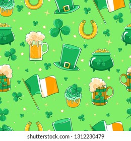 Vector pattern Saint Patricks Day. Green silk hat, flag Ireland, pot of gold coins, shamrocks, cupcake decoration clover, horseshoe and beer stein. 