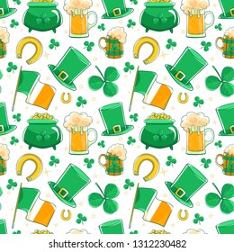 Vector pattern Saint Patricks Day. Green silk hat, flag Ireland, pot of gold coins, shamrocks, cupcake decoration clover, horseshoe and beer stein. 