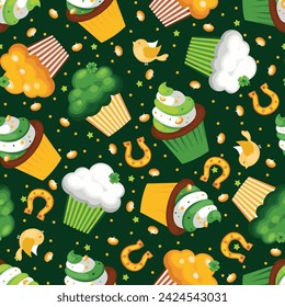 Patrón vectorial Día de San Patricio. cupcakes monedas de oro, tréboles, trébol de decoración, herradura.