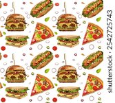 Vector pattern of sandwiches, hotdogs, burgers, and pizzas, perfect for fast-food themed projects, packaging, and restaurant designs