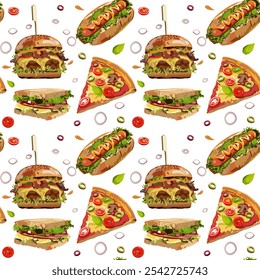 Vector pattern of sandwiches, hotdogs, burgers, and pizzas, perfect for fast-food themed projects, packaging, and restaurant designs