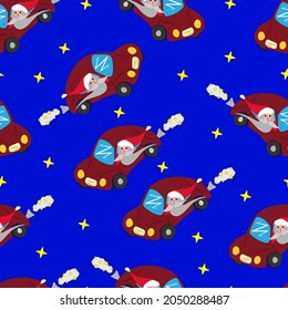 patrón vectorial, Santa Claus vuela a través del cielo nocturno en la luna en un auto rojo entre las estrellas. Feliz Navidad