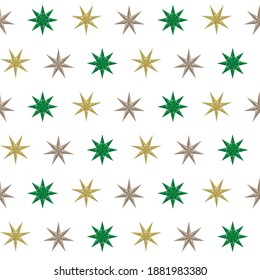 Vector pattern with scandinavian green, golden and silver Christmas stars.