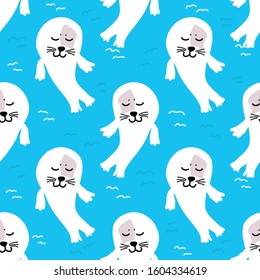 Vector pattern in Scandinavian style with seals and waves on a blue background. For textiles, fabric, Wallpaper, background, wrapping paper, children's room, pajamas.