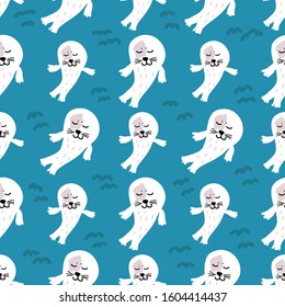 Vector pattern in Scandinavian style with small seals on a blue background. For textiles, fabric, Wallpaper, background, wrapping paper, children's room, pajamas.