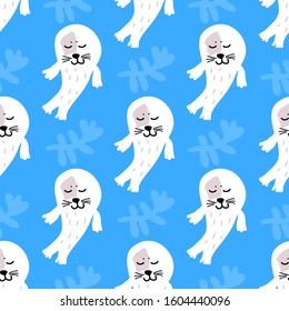 Vector pattern in Scandinavian style with small seals and twigs on a blue background. For textiles, fabric, Wallpaper, background, wrapping paper, children's room, pajamas.