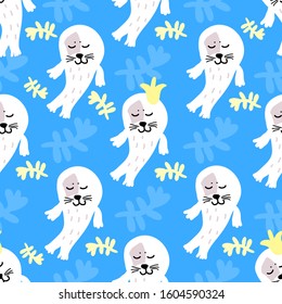 Vector pattern in Scandinavian style with small seals in crowns on a blue background. For textiles, fabric, Wallpaper, background, wrapping paper, children's room, pajamas.
