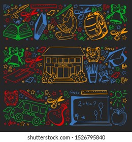 Vector pattern with school icons. Back to school. Geography, geometry, mathematics, physics, chemistry, astronomy