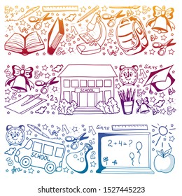 Vector pattern with school icons. Back to school. Geography, geometry, mathematics, physics, chemistry, astronomy. Background for children.