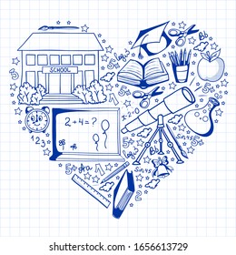 Vector pattern with school icons. Back to school. Geography, geometry, mathematics, physics, chemistry, astronomy