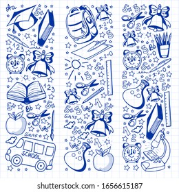 Vector pattern with school icons. Back to school. Geography, geometry, mathematics, physics, chemistry, astronomy