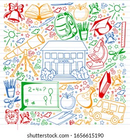 Vector pattern with school icons. Back to school. Geography, geometry, mathematics, physics, chemistry, astronomy