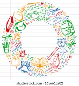 Vector pattern with school icons. Back to school. Geography, geometry, mathematics, physics, chemistry, astronomy