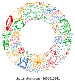 Vector pattern with school icons. Back to school. Geography, geometry, mathematics, physics, chemistry, astronomy. Background for children.
