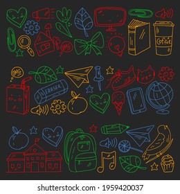 Vector pattern with school icons. E-learning, online education.