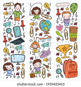 Vector pattern with school icons. E-learning, online education.