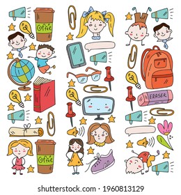 Vector pattern with school icons. E-learning, online education.