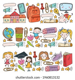 Vector pattern with school icons. E-learning, online education.