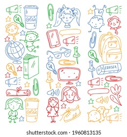 Vector pattern with school icons. E-learning, online education.