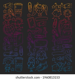 Vector pattern with school icons. E-learning, online education.