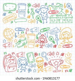 Vector pattern with school icons. E-learning, online education.