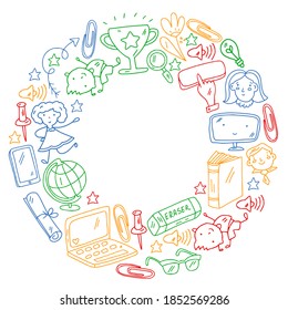 Vector pattern with school icons. Internet education, e-learning. Digital technology.
