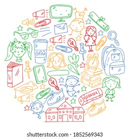 Vector pattern with school icons. Internet education, e-learning. Digital technology.