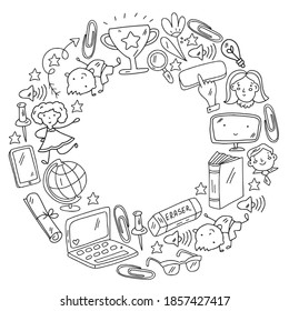 Vector pattern with school icons. Internet education, e-learning. Digital technology.