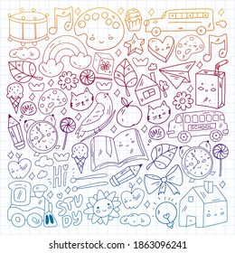 Vector pattern with school icons. Internet education, e-learning. Digital technology.