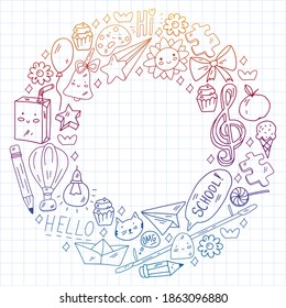 Vector pattern with school icons. Internet education, e-learning. Digital technology.