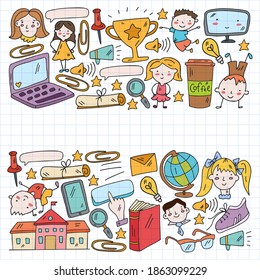 Vector pattern with school icons. Internet education, e-learning. Digital technology.