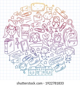Vector pattern with school icons. Internet education, e-learning. Digital technology.