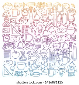 Vector pattern with school icons with little students. Children study chemistry, creativity, mathematics, physics, algebra, geometry, biology, geography, astronomy.
