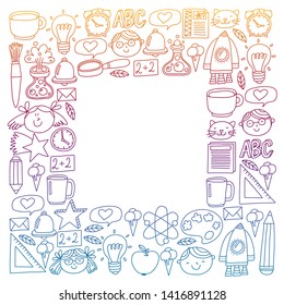 Vector pattern with school icons with little students. Children study chemistry, creativity, mathematics, physics, algebra, geometry, biology, geography, astronomy.