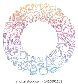 Vector pattern with school icons with little students. Children study chemistry, creativity, mathematics, physics, algebra, geometry, biology, geography, astronomy.