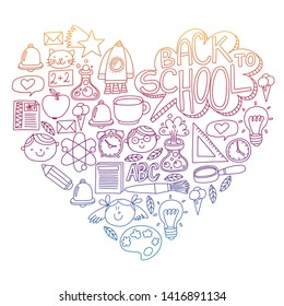 Vector pattern with school icons with little students. Children study chemistry, creativity, mathematics, physics, algebra, geometry, biology, geography, astronomy.