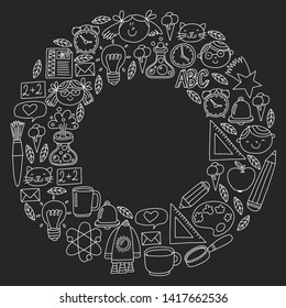 Vector pattern with school icons with little students. Children study chemistry, creativity, mathematics, physics, algebra, geometry, biology, geography, astronomy.