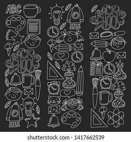 Vector pattern with school icons with little students. Children study chemistry, creativity, mathematics, physics, algebra, geometry, biology, geography, astronomy.