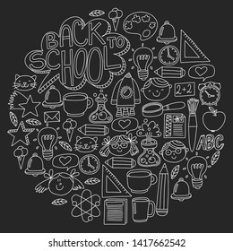 Vector pattern with school icons with little students. Children study chemistry, creativity, mathematics, physics, algebra, geometry, biology, geography, astronomy.