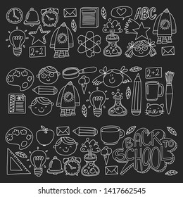 Vector pattern with school icons with little students. Children study chemistry, creativity, mathematics, physics, algebra, geometry, biology, geography, astronomy.