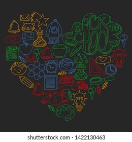 Vector pattern with school icons with little students. Children study chemistry, creativity, mathematics, physics, algebra, geometry, biology, geography, astronomy.