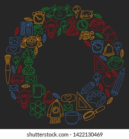 Vector pattern with school icons with little students. Children study chemistry, creativity, mathematics, physics, algebra, geometry, biology, geography, astronomy.