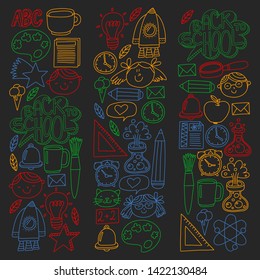 Vector pattern with school icons with little students. Children study chemistry, creativity, mathematics, physics, algebra, geometry, biology, geography, astronomy.