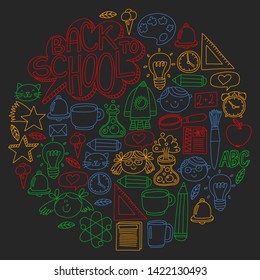 Vector pattern with school icons with little students. Children study chemistry, creativity, mathematics, physics, algebra, geometry, biology, geography, astronomy.