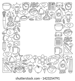Vector pattern with school icons with little students. Children study chemistry, creativity, mathematics, physics, algebra, geometry, biology, geography, astronomy.