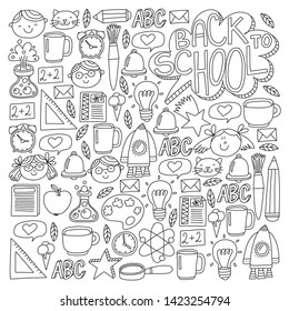 Vector pattern with school icons with little students. Children study chemistry, creativity, mathematics, physics, algebra, geometry, biology, geography, astronomy.