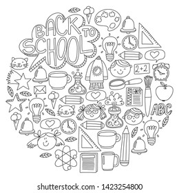 Vector pattern with school icons with little students. Children study chemistry, creativity, mathematics, physics, algebra, geometry, biology, geography, astronomy.